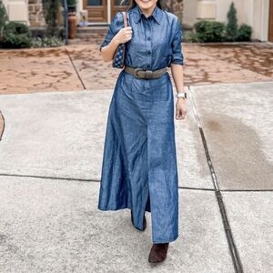 NWT Zara Denim-Like Linen Blend Button Down Shirt Dress with Front and B…